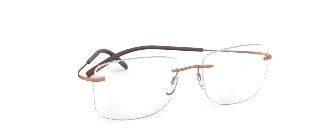 Rimless eyeglasses with tan and dark brown metal frame shown from the side