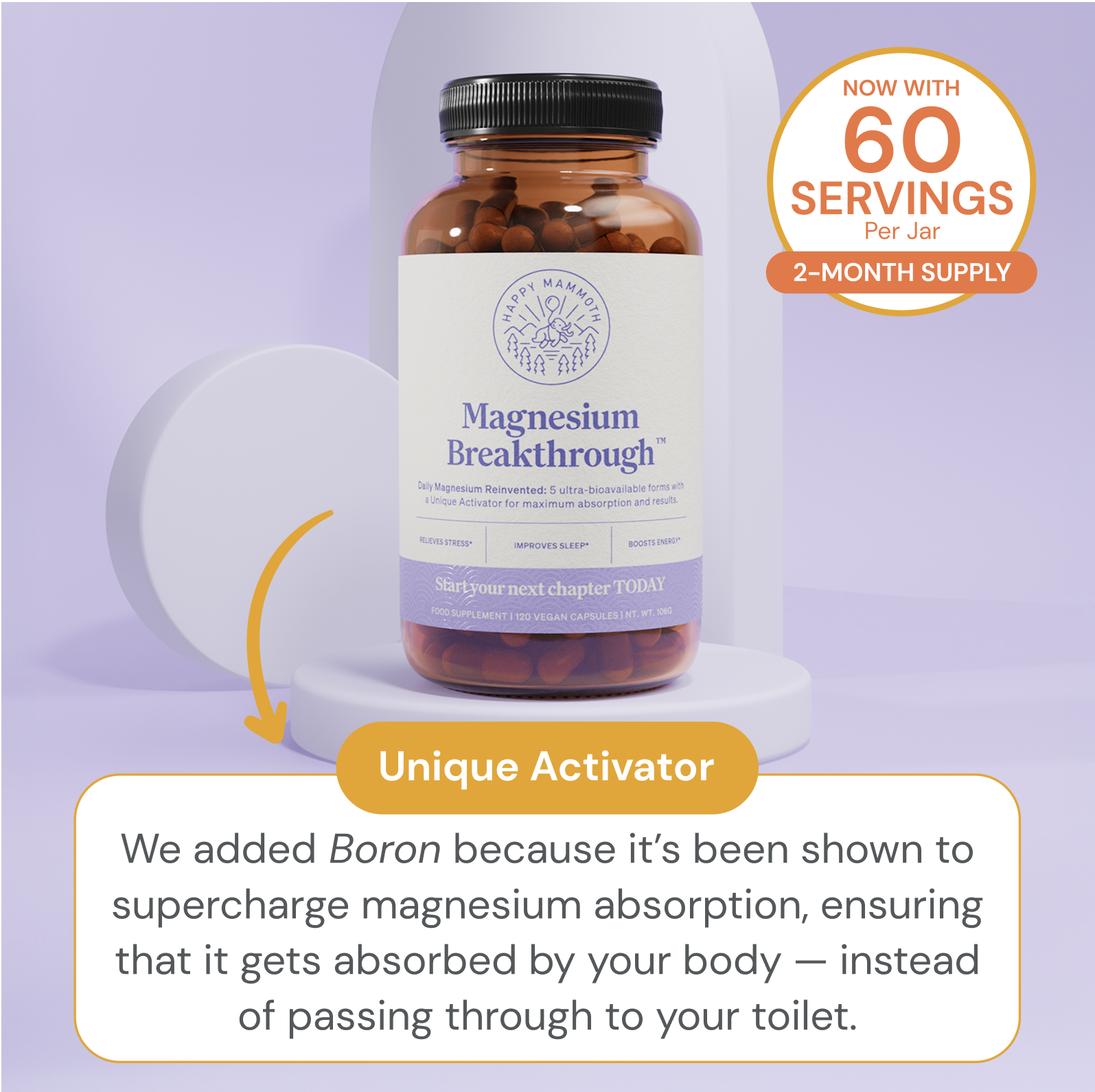 Brown glass supplement bottle with purple label next to circular badge showing 60 servings per jar and text explaining boron's role in magnesium absorption