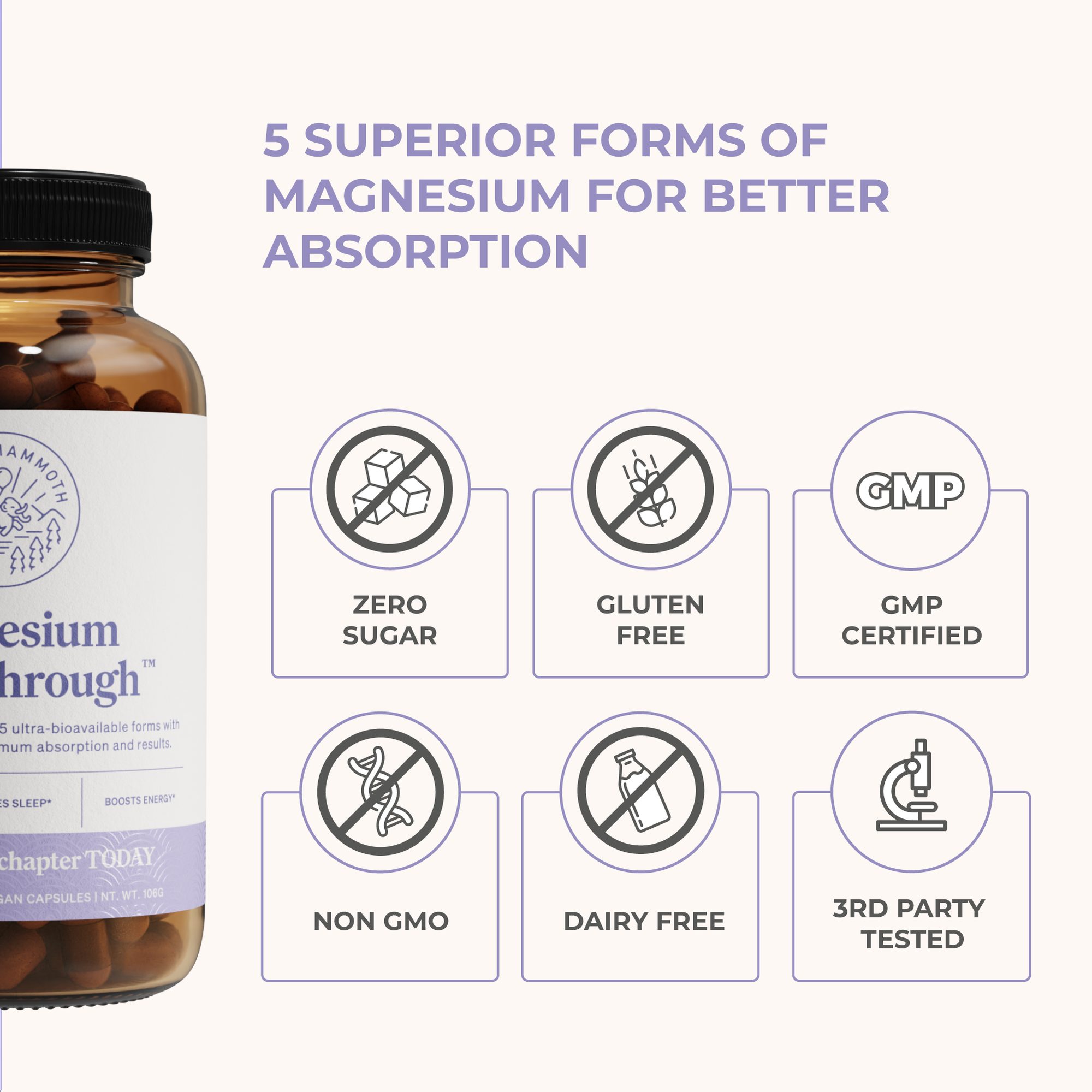 Product bottle alongside six circular icons displaying certifications: zero sugar, gluten free, GMP certified, non GMO, dairy free, and third party tested