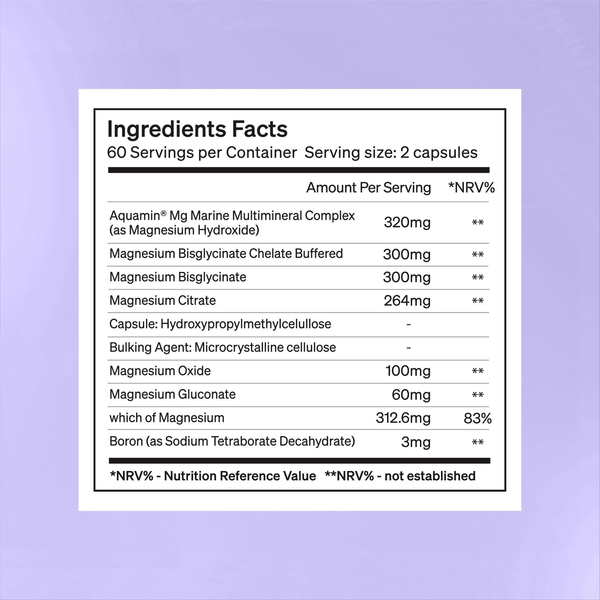 Ingredients Facts label for magnesium supplement showing serving size, amount per serving, and NRV percentage for various magnesium forms and boron